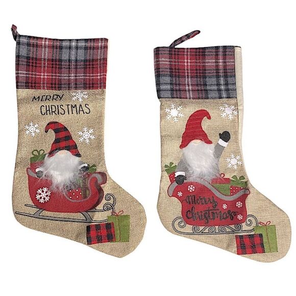Burlap Christmas Stocking with Gnome Buffalo Plaid Cuff Xmas Holiday Set of 2 - Picture 2 of 5